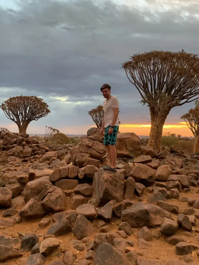 Alexey standing among rocks and dragon blood trees